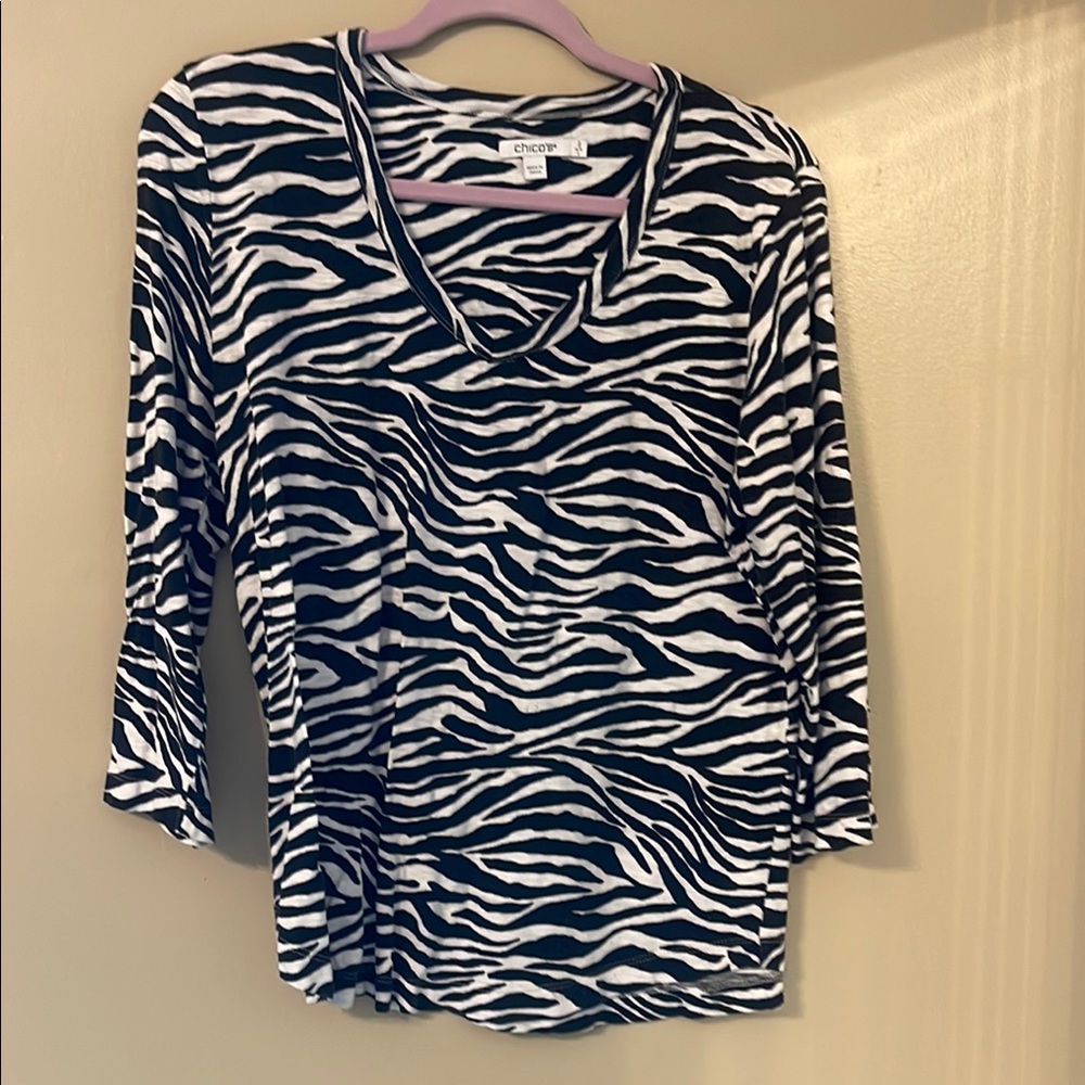 Chico's Black and White Zebra 3/4 Sleeve Tee